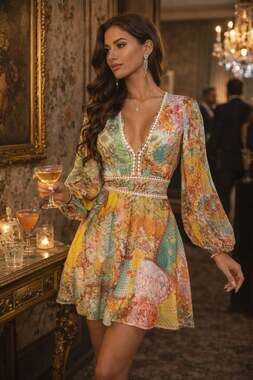 Boho V-Neck Long Sleeve Patchwork Paisley Mini Dress, Size L